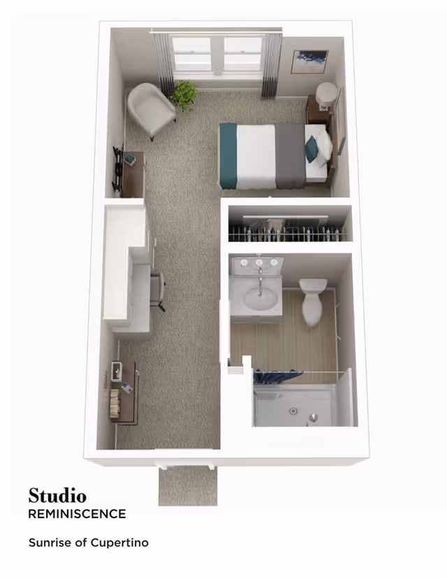 Top-down 3D floor plan of a studio apartment showing a bed, seating area, kitchenette, closet and bathroom.