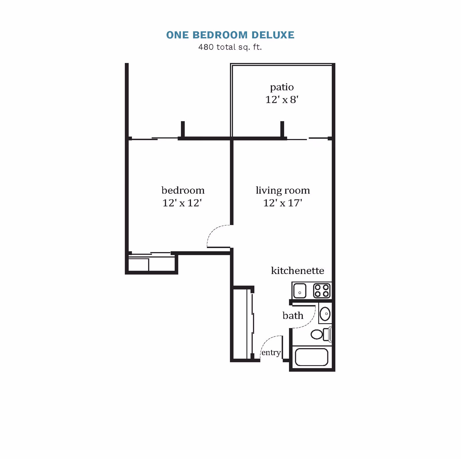 Floor plan labeled 'One Bedroom Deluxe' showing a 480 sq. ft. layout with a bedroom, living room, patio, kitchenette, bath, and entry.