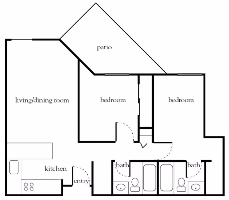 Floor plan of a living space showing a living/dining room, kitchen, two bedrooms, two bathrooms, an entry, and a patio area.