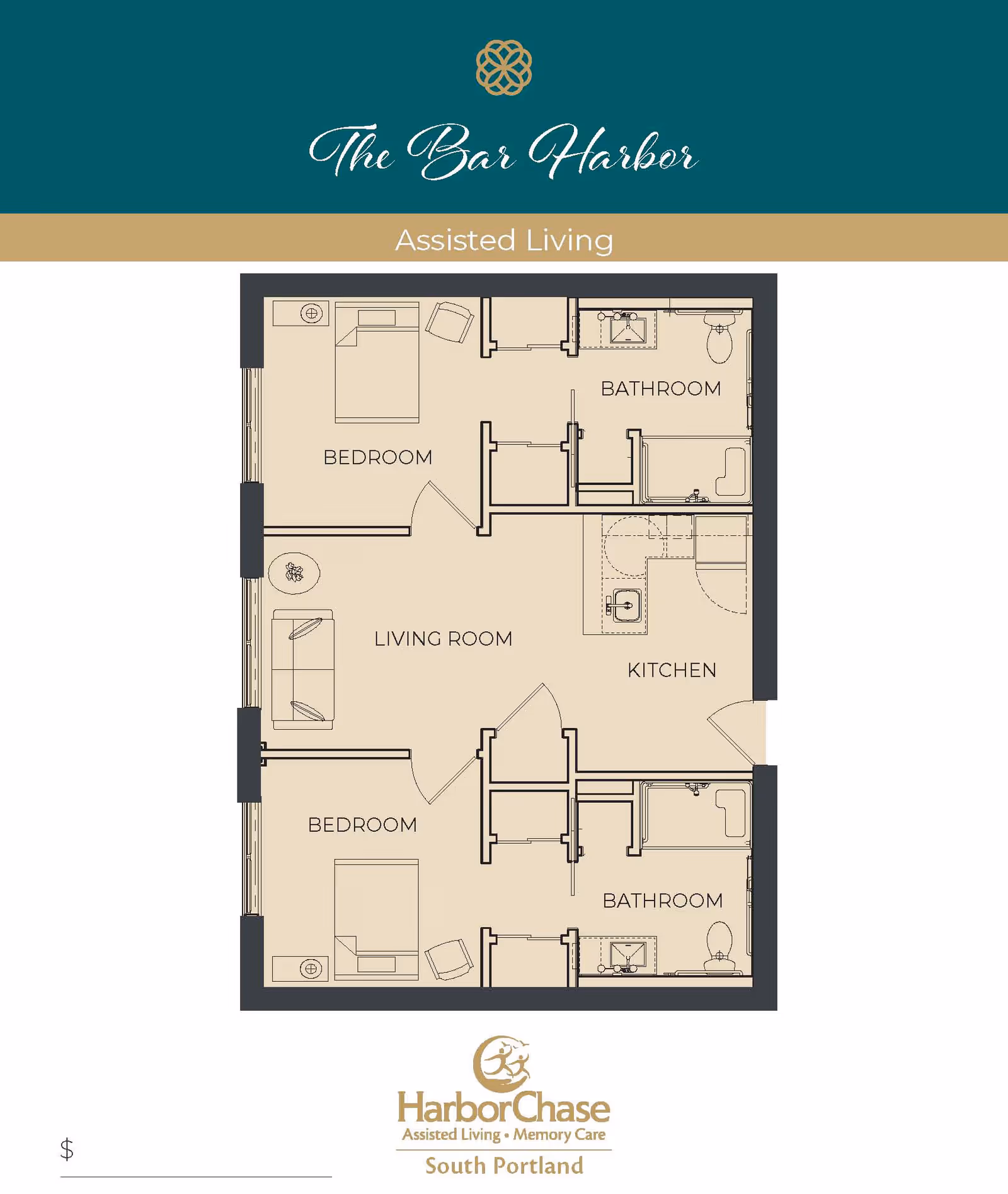Labeled floor plan of an assisted living unit with two bedrooms, two bathrooms, a living room, and a kitchen.