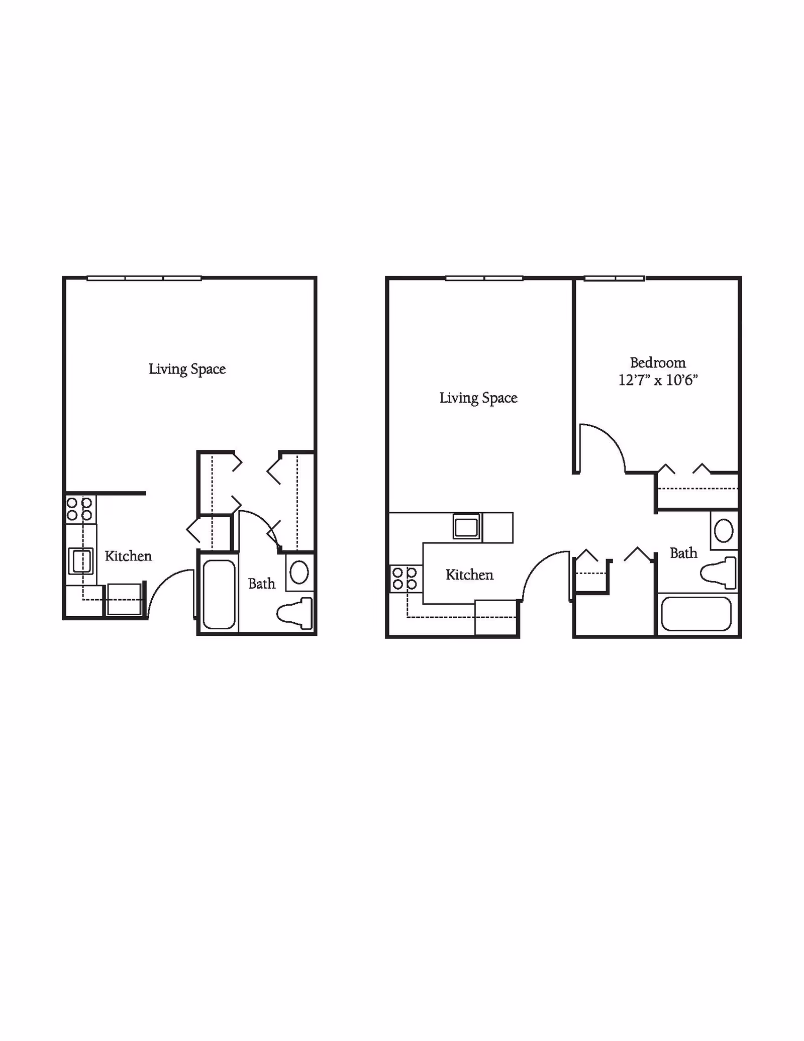 Two architectural floor plans side by side. The left floor plan features a living space, kitchen, and bathroom. The right floor plan includes a living space, kitchen, bedroom measuring 12'7" x 10'6", and bathroom.