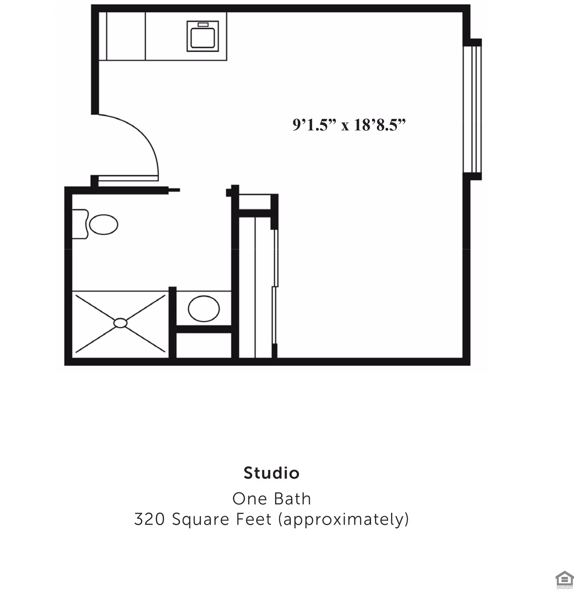 Floor plan of a studio apartment at Elkhart Place showing one bathroom, a kitchen area, and a main living space measuring 9 feet 1.5 inches by 18 feet 8.5 inches, totaling approximately 320 square feet.