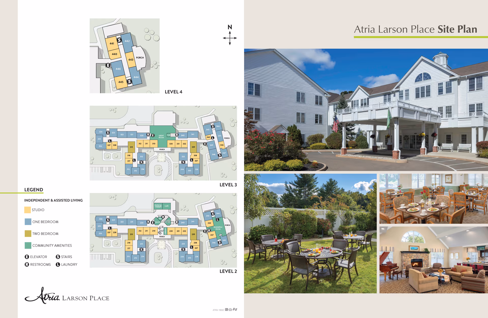 Atria Larson Place site plan showing floor layouts for levels 2, 3, and 4 with color-coded independent and assisted living units, elevators, stairs, restrooms, and laundry. To the right, four photos show the exterior front entrance of the building, an outdoor garden seating area with tables and chairs, a dining room with tables set for meals, and a cozy living room with sofas, a fireplace, and a piano.