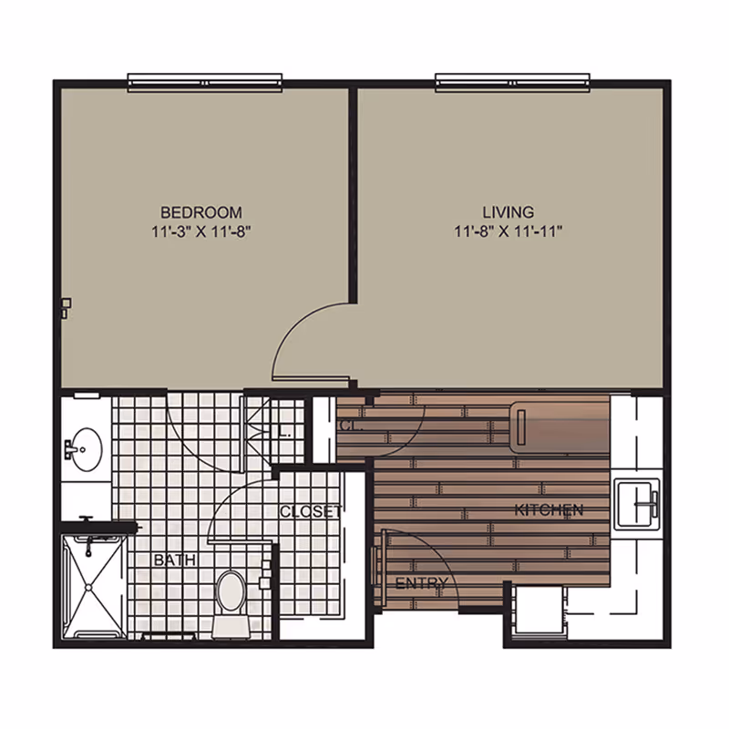 Floor plan of a one-bedroom apartment showing a bedroom, living room, kitchen, bathroom, closet, and entry area with dimensions labeled.