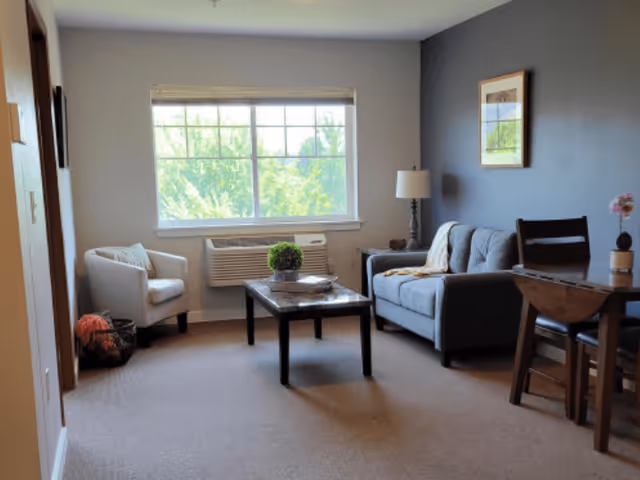 A cozy living room with a large window letting in natural light. The room features a gray sofa with a throw blanket, a wooden coffee table with a decorative plant, a white armchair, a side table with a lamp, and a small dining table with two chairs. The walls are painted in neutral tones with one accent wall in blue and a framed picture hanging above the sofa.