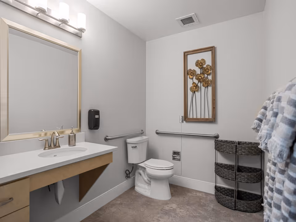 A clean, modern bathroom with a white toilet, a large mirror above a sink with a light wood vanity, and a wall-mounted soap dispenser. There are grab bars installed near the toilet and a decorative metal wall art with flowers. A three-tiered woven basket storage unit and a towel rack with a striped towel are also visible.