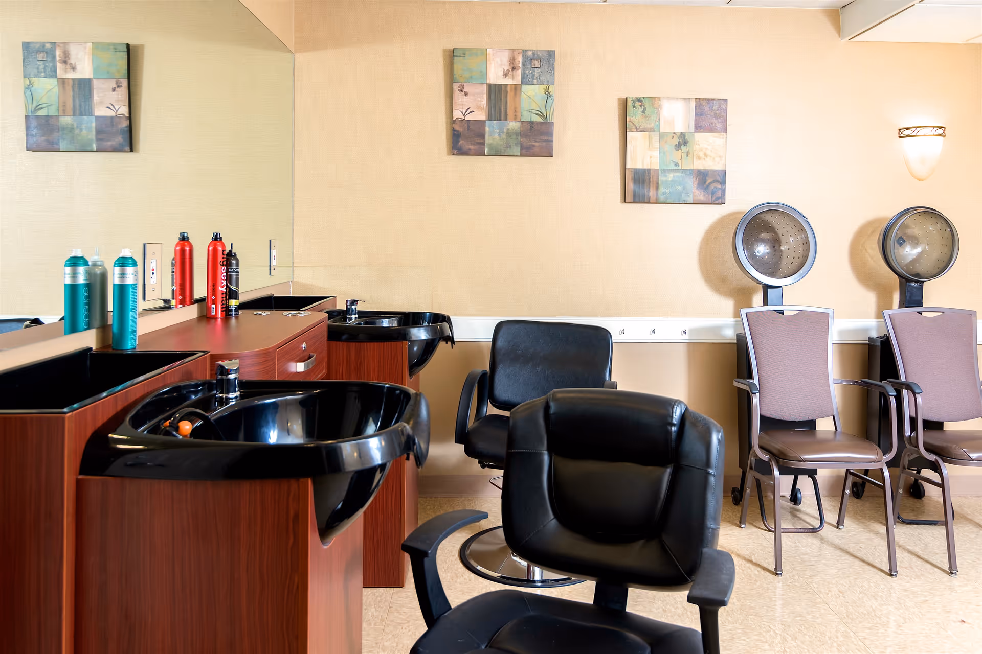 Interior view of a hair salon area with black salon chairs, two hair drying stations with hooded dryers, a wooden counter with black sinks, hair care products on the counter, and two square abstract paintings on the beige wall.