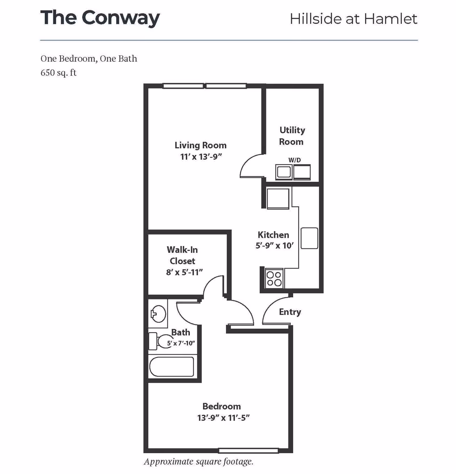 Floor plan of The Conway at Hillside at Hamlet, showing a one-bedroom, one-bath apartment with 650 square feet. The layout includes a living room, utility room with washer/dryer, kitchen, walk-in closet, bathroom, bedroom, and entry area with approximate room dimensions.