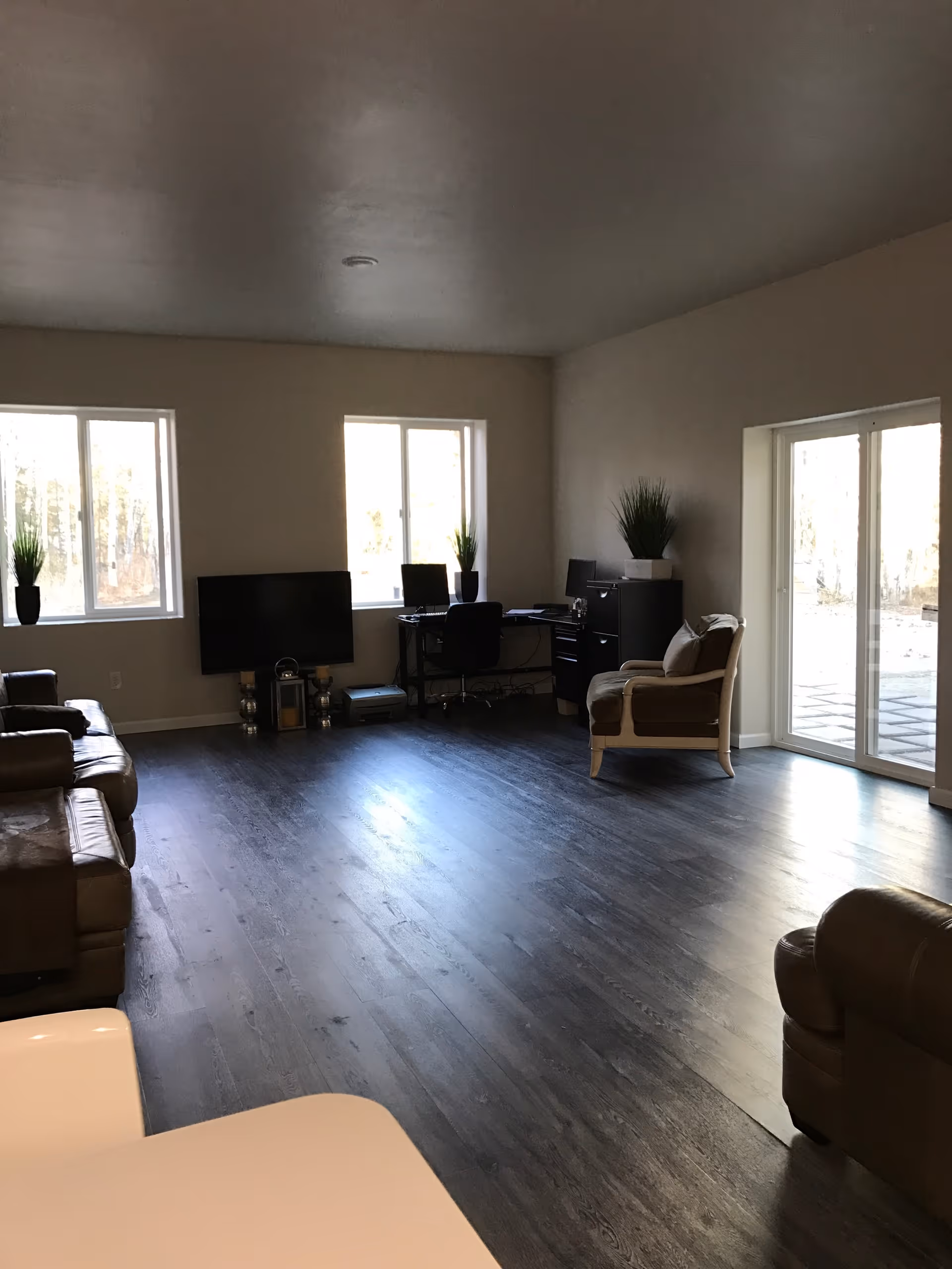 Spacious living room with dark wood flooring, leather sofas, a TV, a desk by two windows, potted plants, and sliding glass doors.