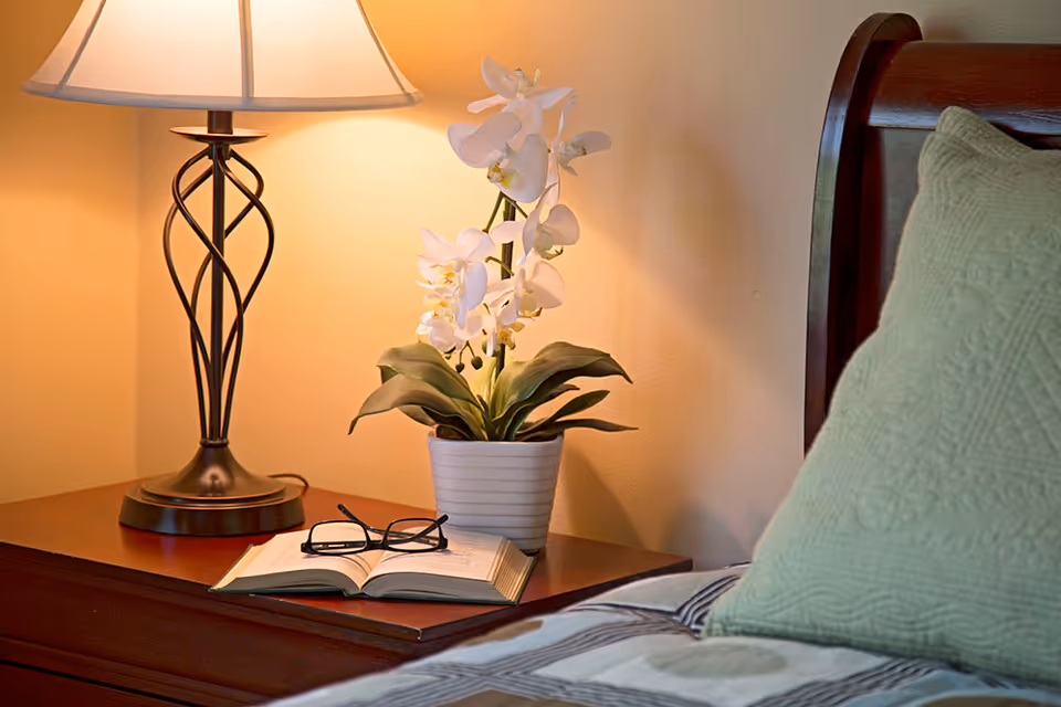A bedside table with a decorative lamp, a white potted orchid plant, an open book, and a pair of eyeglasses. Part of a bed with a green pillow and striped bedding is visible.
