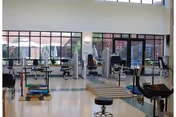 Bright rehabilitation gym with exercise machines and large floor-to-ceiling windows overlooking an outdoor courtyard.