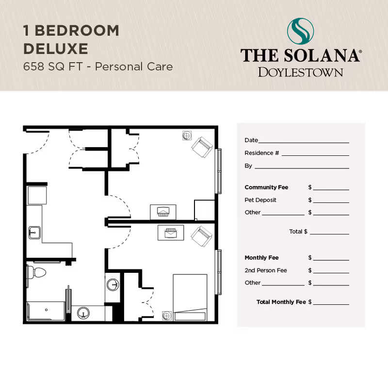 Floor plan layout for a 1 Bedroom Deluxe apartment at The Solana Doylestown, showing a total area of 658 square feet designed for personal care. The plan includes labeled rooms and a section for fees including community fee, pet deposit, other fees, monthly fee, second person fee, and total monthly fee.