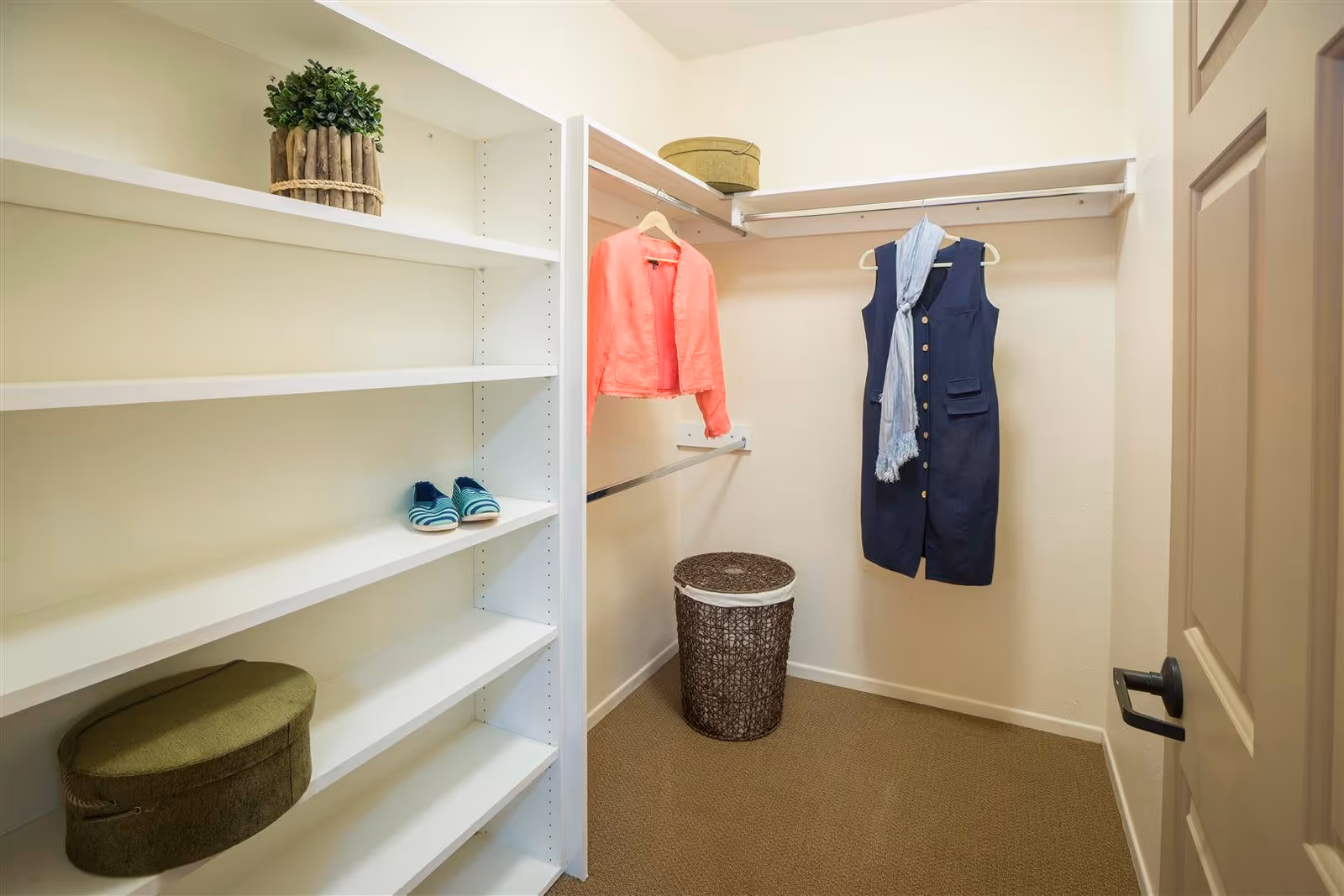A walk-in closet with white shelves on the left holding a pair of striped shoes and a green storage box. On the right, a pink jacket and a navy blue dress with a light blue scarf are hanging on a rod. A woven laundry basket is on the floor beneath the hanging clothes. The closet has beige walls and carpet, and a wooden door with a black handle is partially visible on the right.