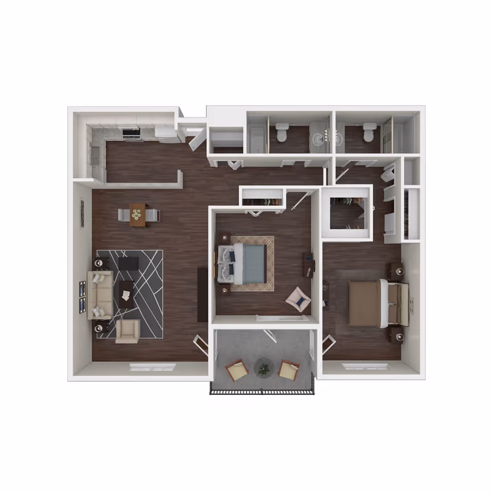 3D floor plan of an apartment with two bedrooms, two bathrooms, a kitchen, a dining area, a living room, and a balcony with two chairs and a small table.