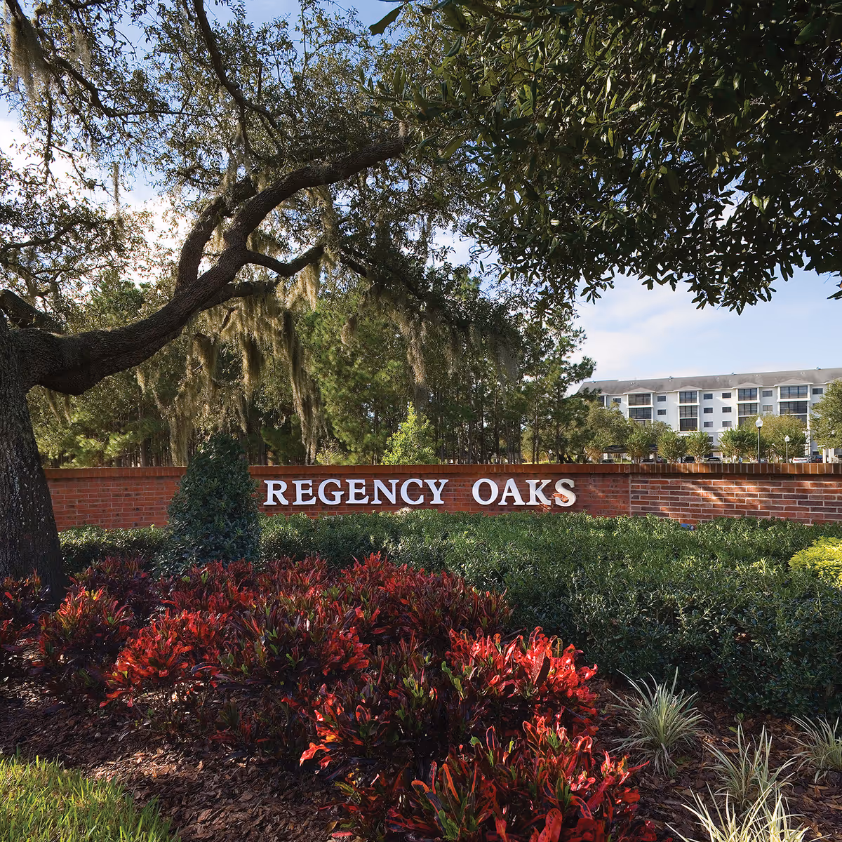 Outdoor view of the Regency Oaks Health Center entrance sign made of white letters on a red brick wall, surrounded by green bushes and red foliage, with large trees overhead and a multi-story building in the background under a partly cloudy sky.