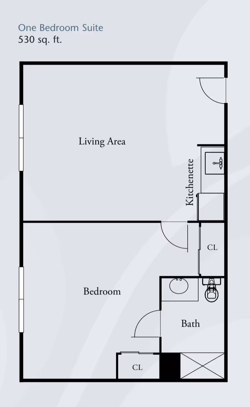 Floor plan of a one bedroom suite measuring 530 square feet, showing a living area, kitchenette, bedroom, bathroom, and closets.