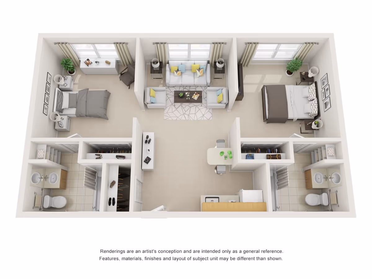 3D top-down floor plan rendering of a two-bedroom, two-bath apartment with a central living area and kitchenette.