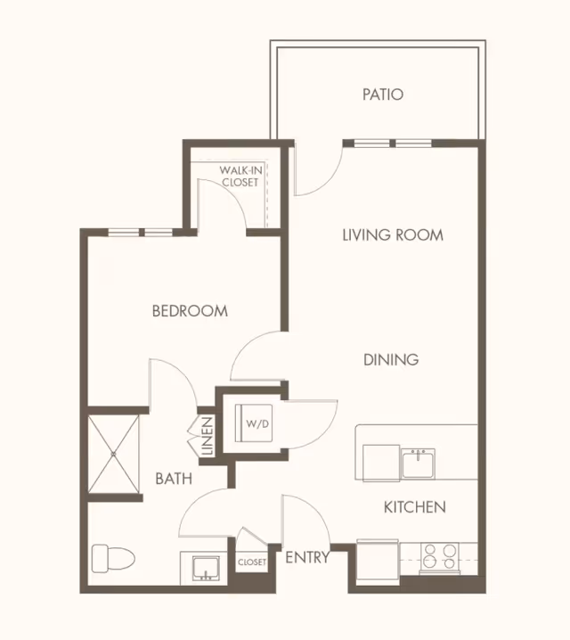 Floor plan of a one-bedroom apartment at Revel Vegas showing a bedroom with a walk-in closet, a bathroom with a linen closet, a combined living room and dining area, a kitchen, an entryway with a closet, a washer/dryer area, and a patio.
