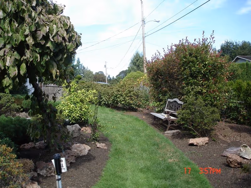 A garden path with green grass bordered by various bushes and plants. There is a decorative bench on the right side surrounded by shrubs. Power lines and a utility pole are visible in the background under a partly cloudy sky.
