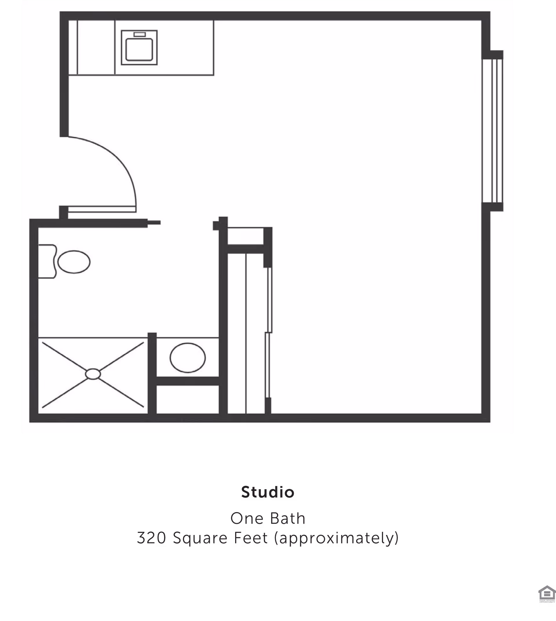Black-and-white floor plan diagram of a studio apartment showing a combined living area, kitchenette, and one bathroom.