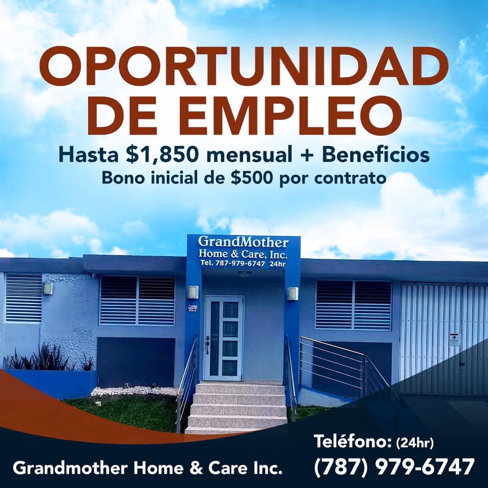 Exterior front of the GrandMother Home & Care Inc. building with a Spanish employment advertisement and contact phone number.