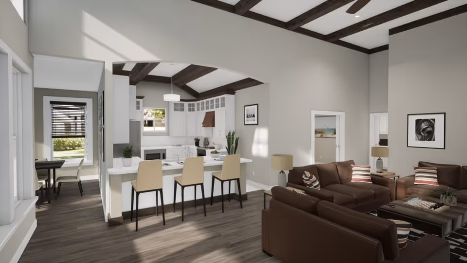 A modern open-concept living area featuring a kitchen with white cabinetry, a breakfast bar with three beige chairs, and a living room with brown leather sofas and striped pillows. The space has dark wooden ceiling beams, hardwood floors, and neutral-colored walls with framed artwork. A small dining area is visible through a doorway.