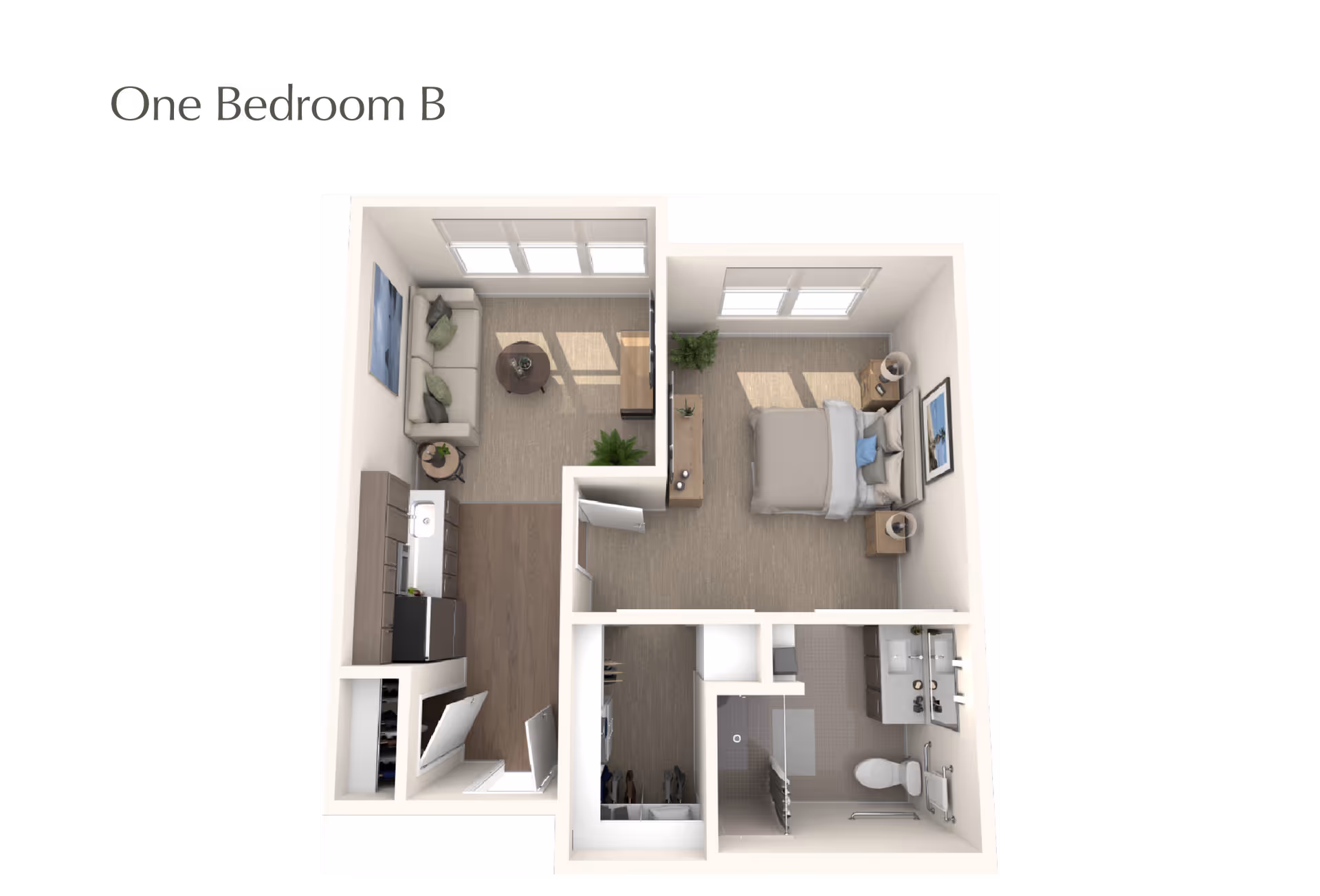 3D floor plan of a one-bedroom apartment labeled 'One Bedroom B' showing a living room with a sofa and coffee table, a kitchen with appliances and cabinets, a bedroom with a bed and nightstands, a bathroom with a toilet and sink, and a closet area.