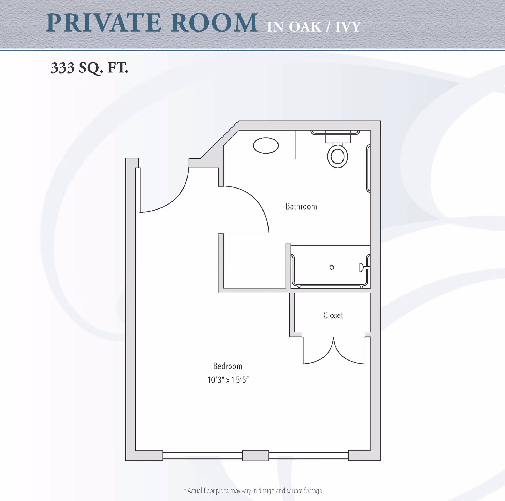 Floor plan of a private room in Oak/Ivy at Ellery Arbor, showing a 333 square feet layout with a bedroom measuring 10 feet 3 inches by 15 feet 5 inches, a bathroom, and a closet.
