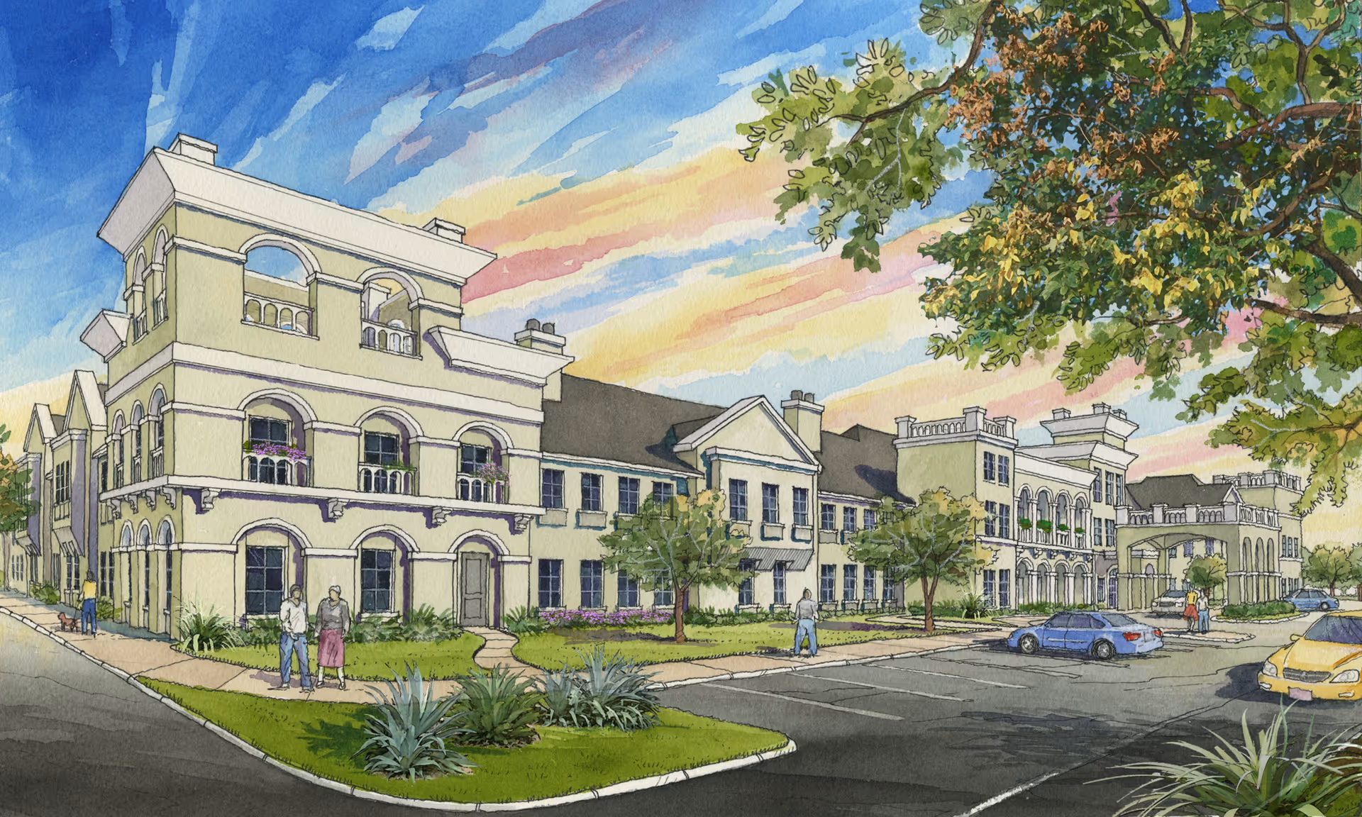 Watercolor architectural rendering of a large multi-story senior living building front with landscaping, parked cars, and people walking.