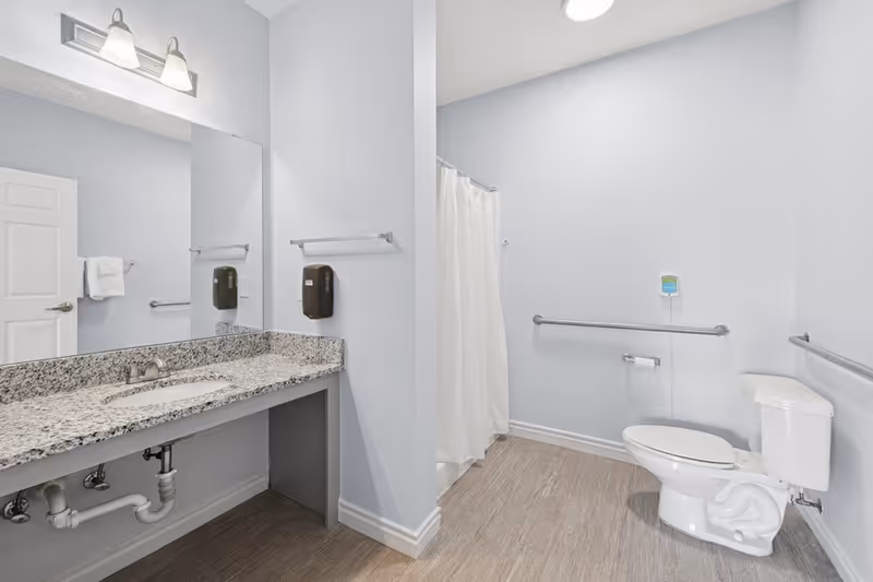 A clean and spacious bathroom with light gray walls and wood-look flooring. The room features a granite countertop with a sink, a large mirror, and a light fixture above. There is a white toilet with grab bars on both sides and a shower area with a white curtain. A soap dispenser is mounted on the wall near the sink.