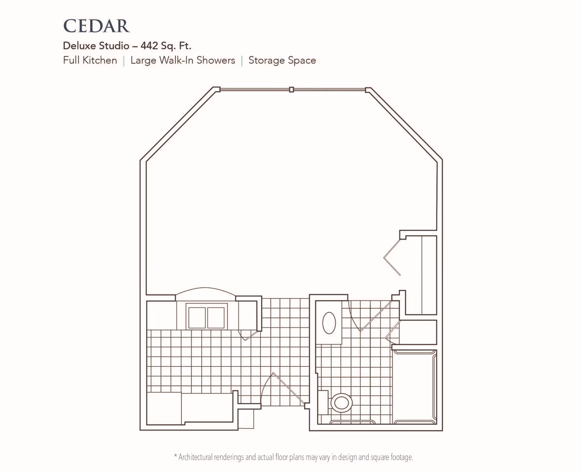 Architectural floor plan of the Cedar deluxe studio apartment at Lyndale San Angelo Senior Living, showing a 442 square feet layout with a full kitchen, large walk-in shower, and storage space.