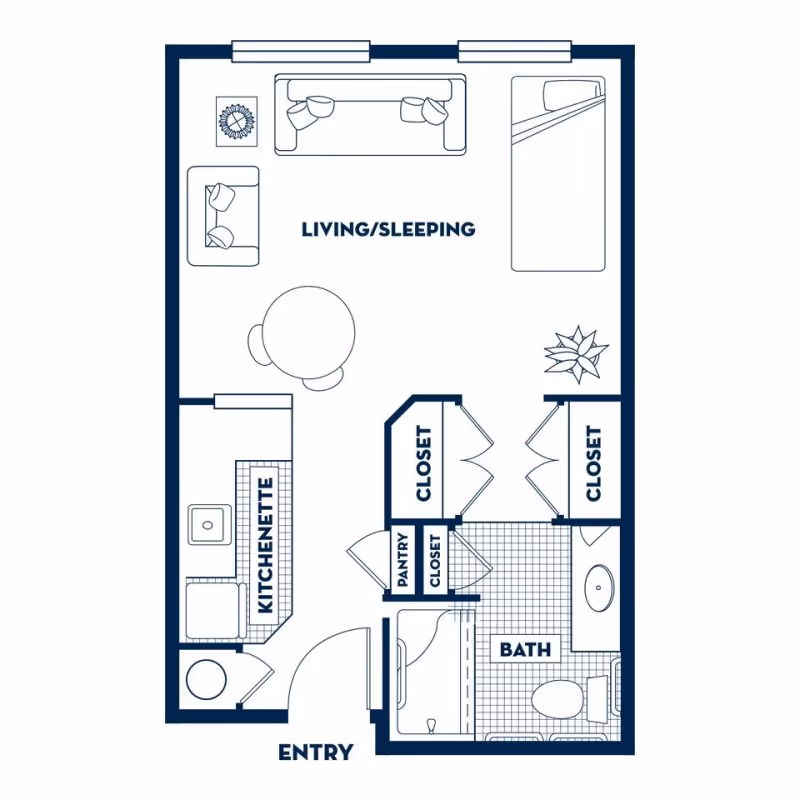 Floor plan of a studio apartment labeled 'Living/Sleeping' showing a kitchenette, entry, bathroom, pantry, and multiple closets.