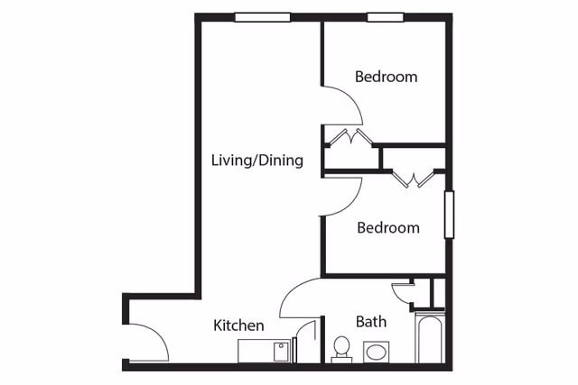 Floor plan of a living space showing two bedrooms, a combined living and dining area, a kitchen, and a bathroom with a bathtub, toilet, and sink.