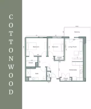 Floor plan of a Cottonwood apartment unit at Legacy Village of Sugar House showing two bedrooms, a bathroom, a living room, a kitchenette, closets, and a balcony.