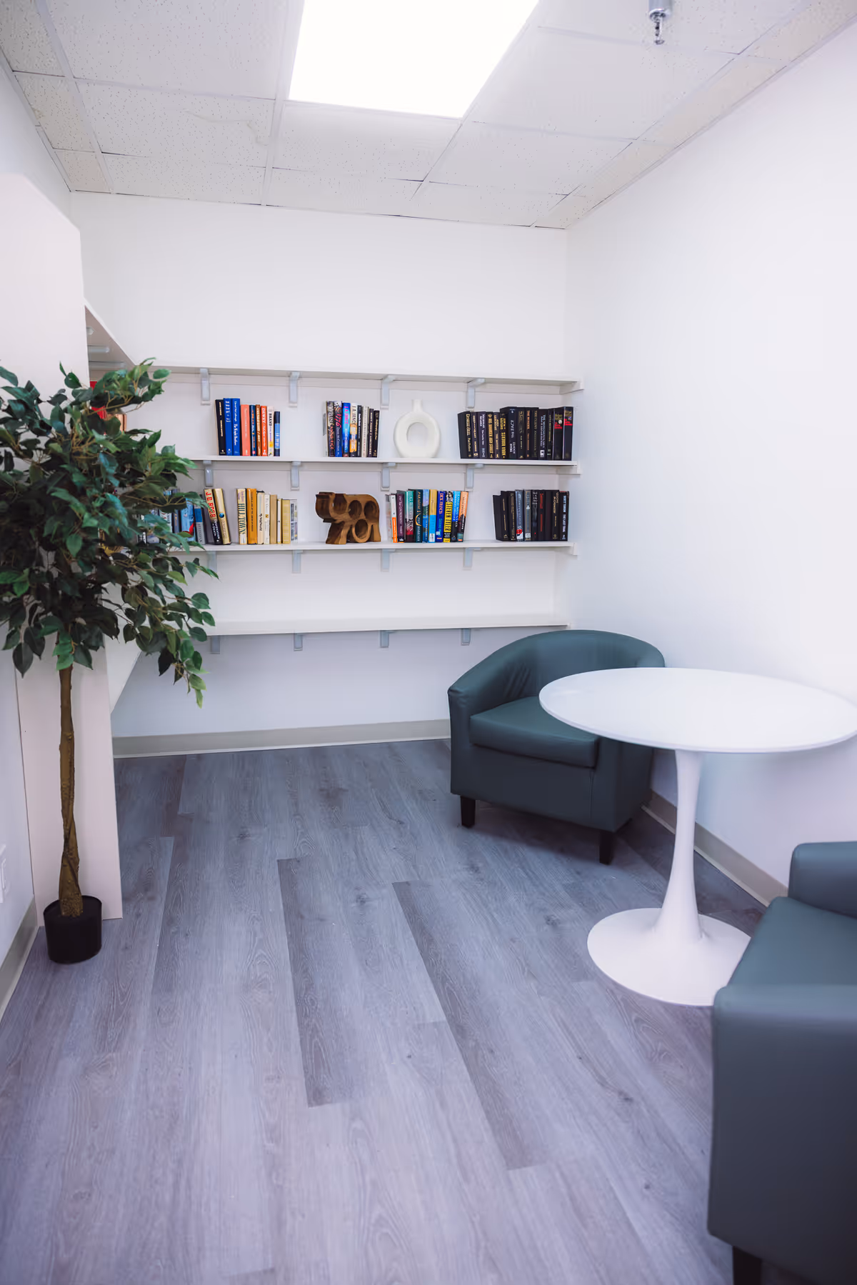 A small reading or sitting area with two dark green armchairs and a round white table between them. There are three white wall-mounted shelves filled with books and decorative items. A tall artificial plant is placed in the corner. The room has light gray wood flooring and white walls with a white ceiling and fluorescent lighting.
