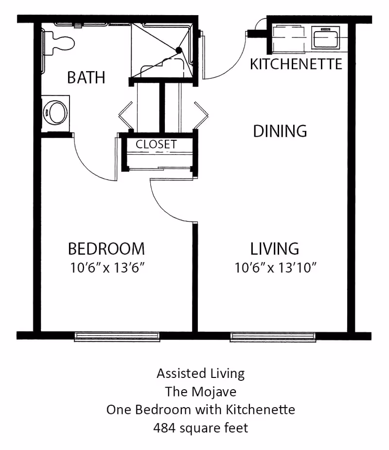 Floor plan of an assisted living unit named The Mojave at Cottonwood Village, showing a one-bedroom layout with a kitchenette, dining area, living area, bathroom, and closet. The bedroom measures 10 feet 6 inches by 13 feet 6 inches, and the living area measures 10 feet 6 inches by 13 feet 10 inches. The total area is 484 square feet.