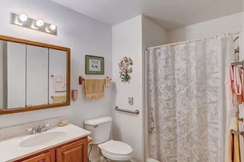 A bathroom with a wooden vanity and white sink, a large mirror with lights above it, a toilet, and a shower with a patterned curtain. There are towels hanging on the wall and a decorative wall piece above the toilet.