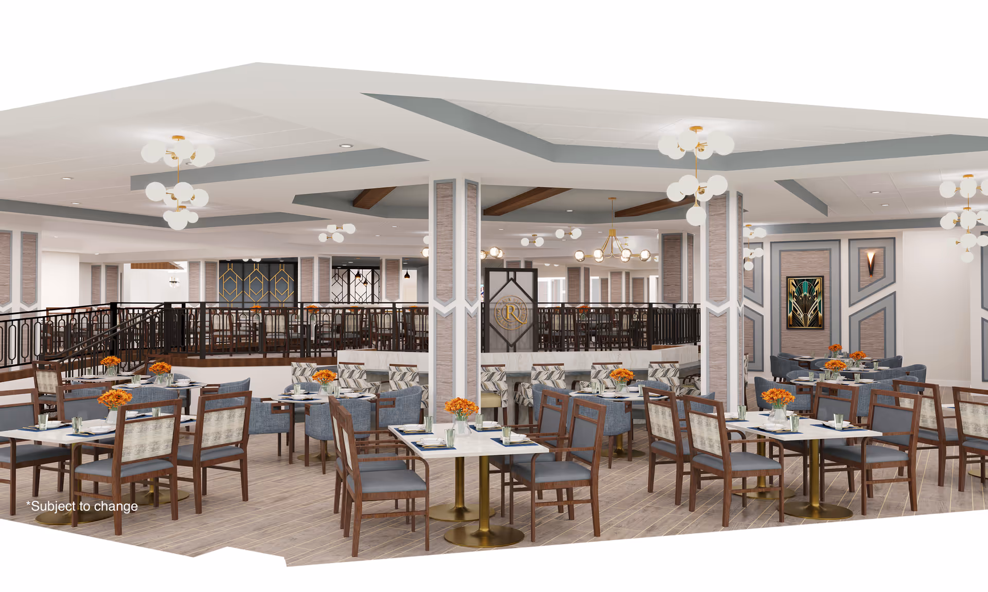 A spacious and elegant dining room with multiple tables and chairs arranged neatly. Each table is set with plates, glasses, and small vases containing orange flowers. The room features modern light fixtures hanging from the ceiling, decorative wall panels, and a railing separating an upper level with additional seating. The overall color scheme includes neutral tones with accents of blue and wood.