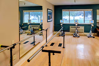Interior rehab gym with mirrors, parallel bars, and stationary bikes by windows.
