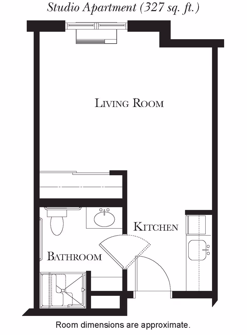 Black-and-white studio apartment floor plan labeled Living Room, Kitchen, and Bathroom (327 sq. ft.).