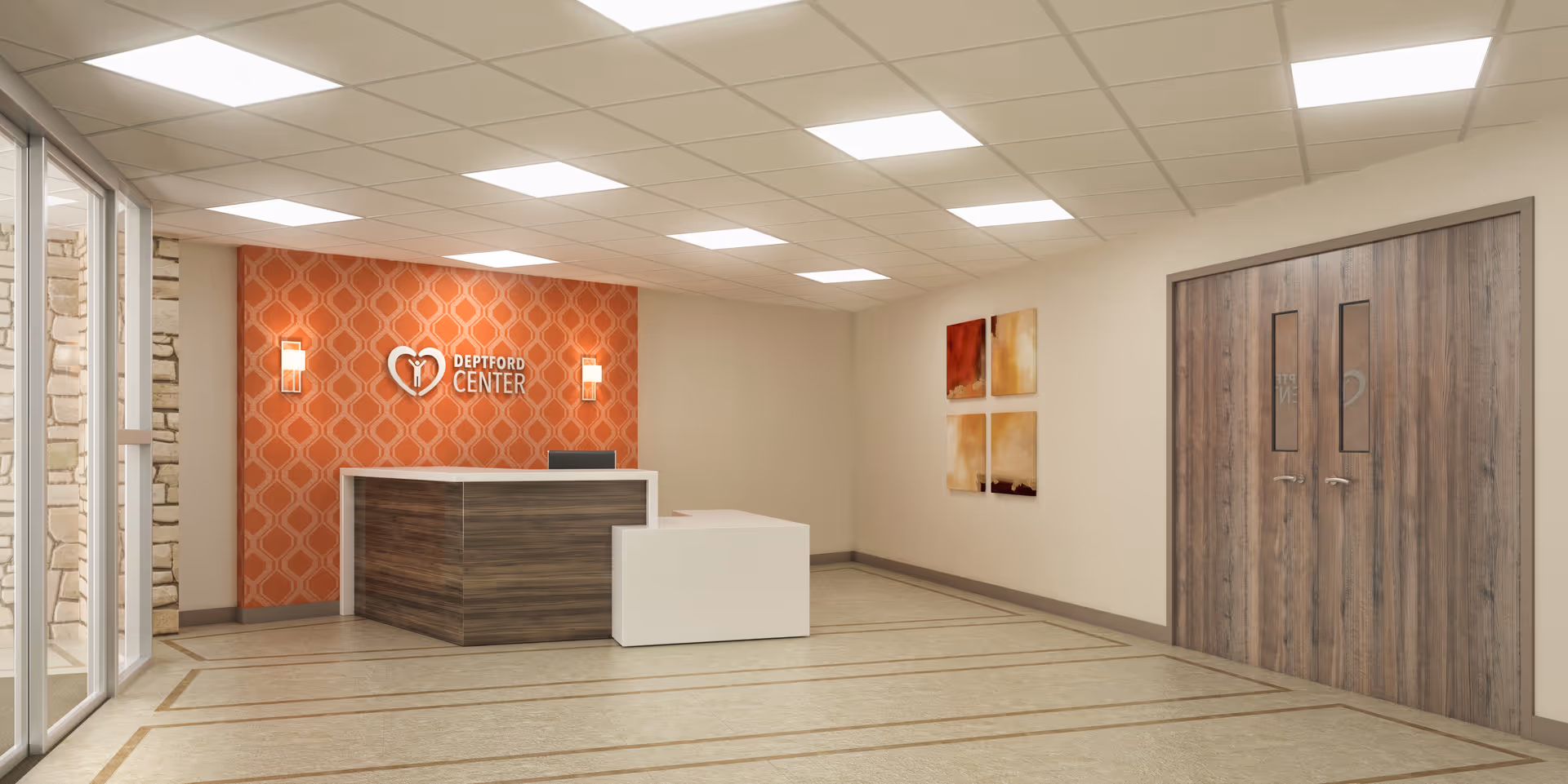 Reception area of Deptford Center with a modern desk, orange patterned accent wall behind the desk featuring the Deptford Center logo, two wall sconces, abstract artwork on the adjacent wall, and double wooden doors on the right side.