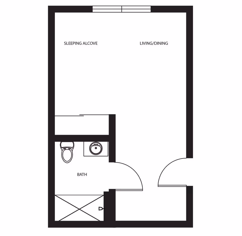 Black and white architectural floor plan of a small living space labeled with areas for sleeping alcove, living/dining, and a bath that includes a toilet, sink, and shower.