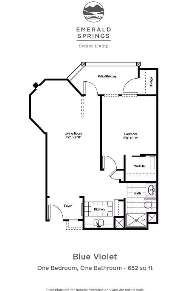 Floor plan of a one-bedroom, one-bathroom senior living apartment named Blue Violet at Emerald Springs Senior Living. The layout includes a foyer, kitchen, living room, bedroom with walk-in closet, bathroom, patio/balcony, and storage area. The total area is 652 square feet.