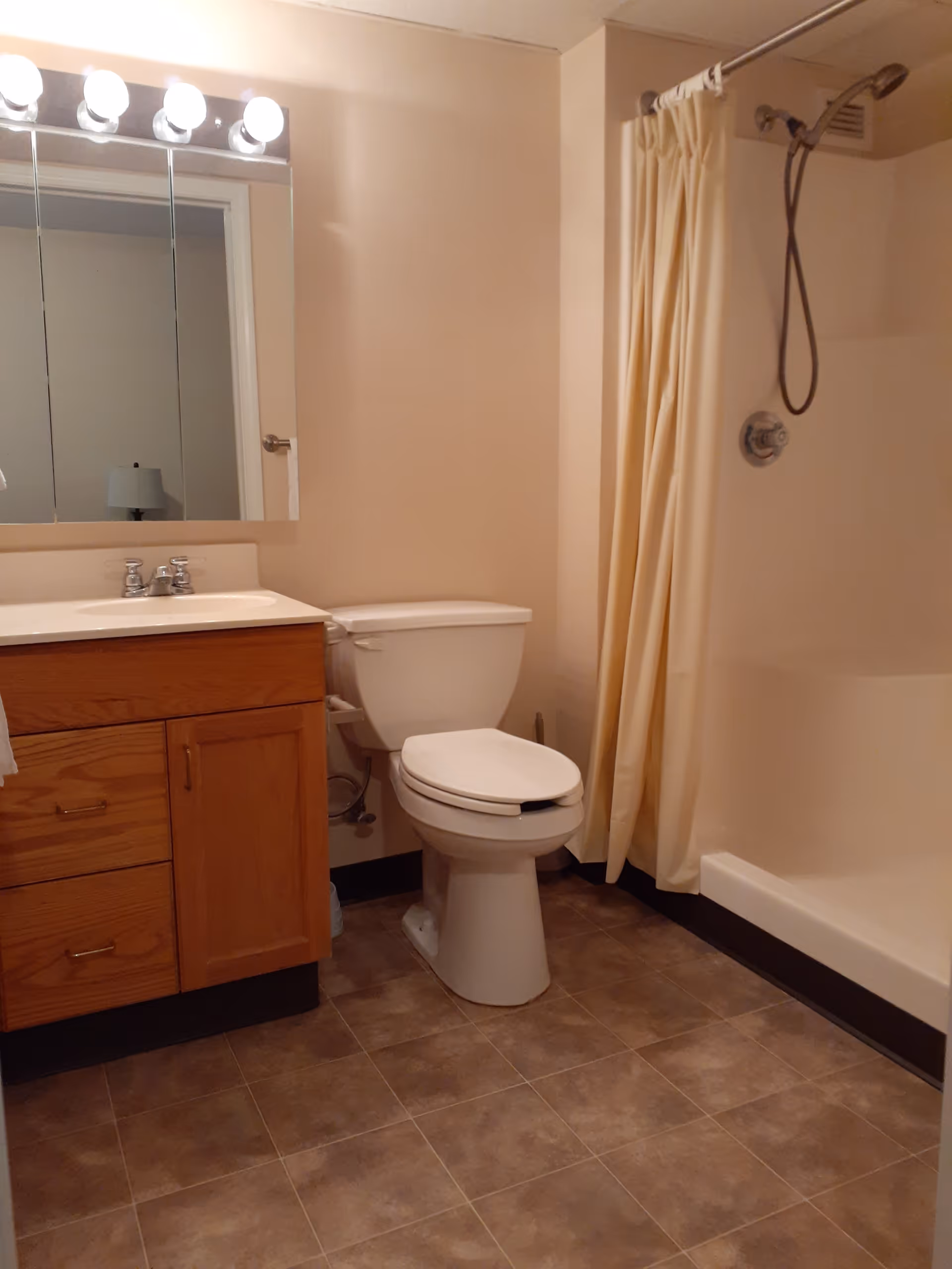 A bathroom with a wooden vanity cabinet, a white sink with a faucet, a large mirror with lights above it, a white toilet, and a shower area with a cream-colored shower curtain and a handheld showerhead.