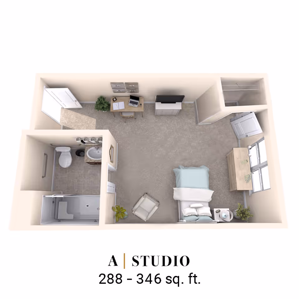 3D floor plan of a studio apartment featuring a combined living and sleeping area with a bed, armchair, TV on a stand, desk with a laptop, and a dresser near a window. The apartment includes a separate bathroom with a toilet, sink, and shower. The entrance door is located near the desk area.