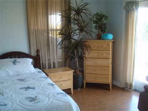 A bedroom in a senior living facility with a bed, dresser, and potted plants.