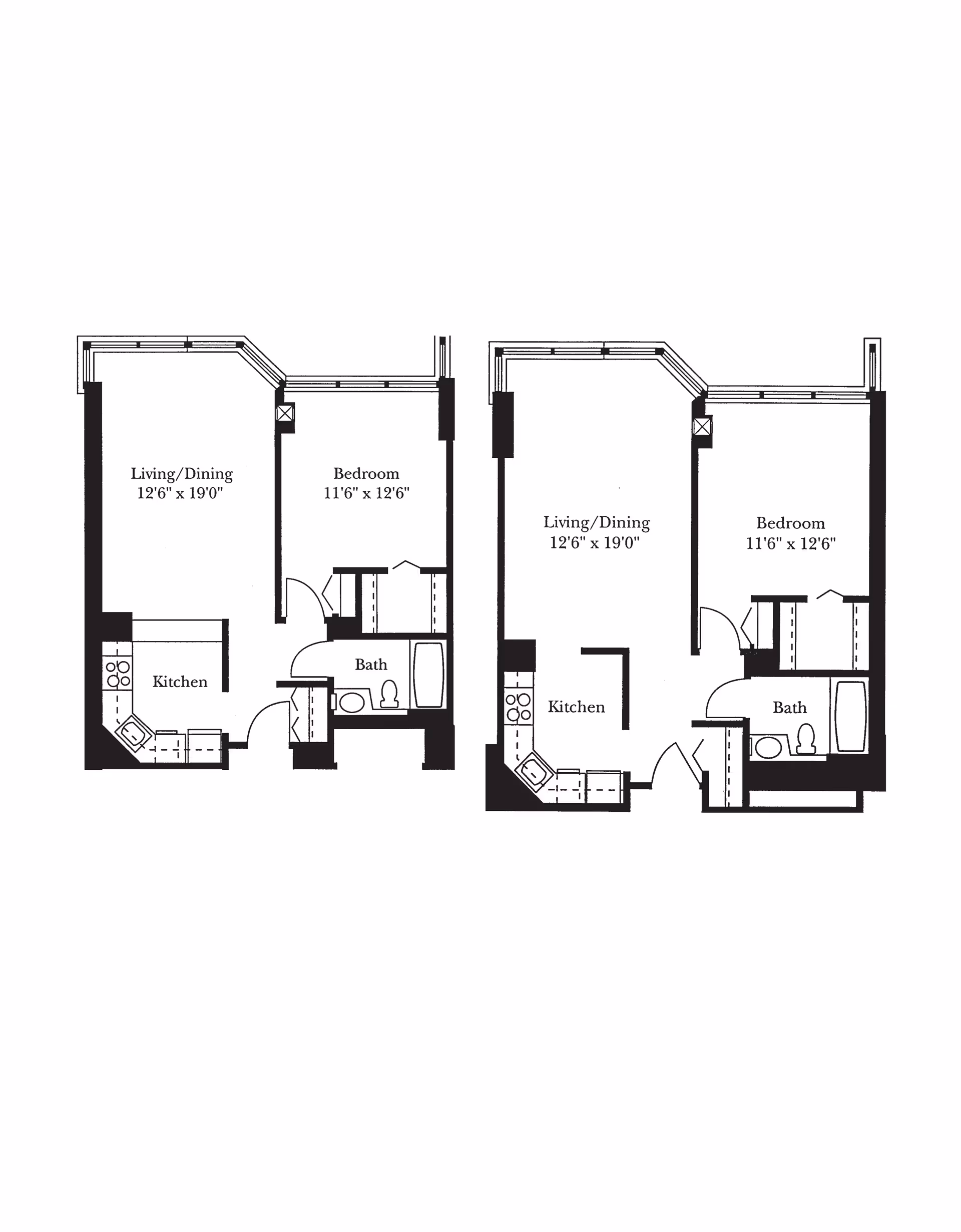 Architectural floor plan showing two similar apartment layouts, each with a living/dining area, bedroom, kitchen, and bathroom. Dimensions for the living/dining area are 12'6" x 19'0" and for the bedroom are 11'6" x 12'6".
