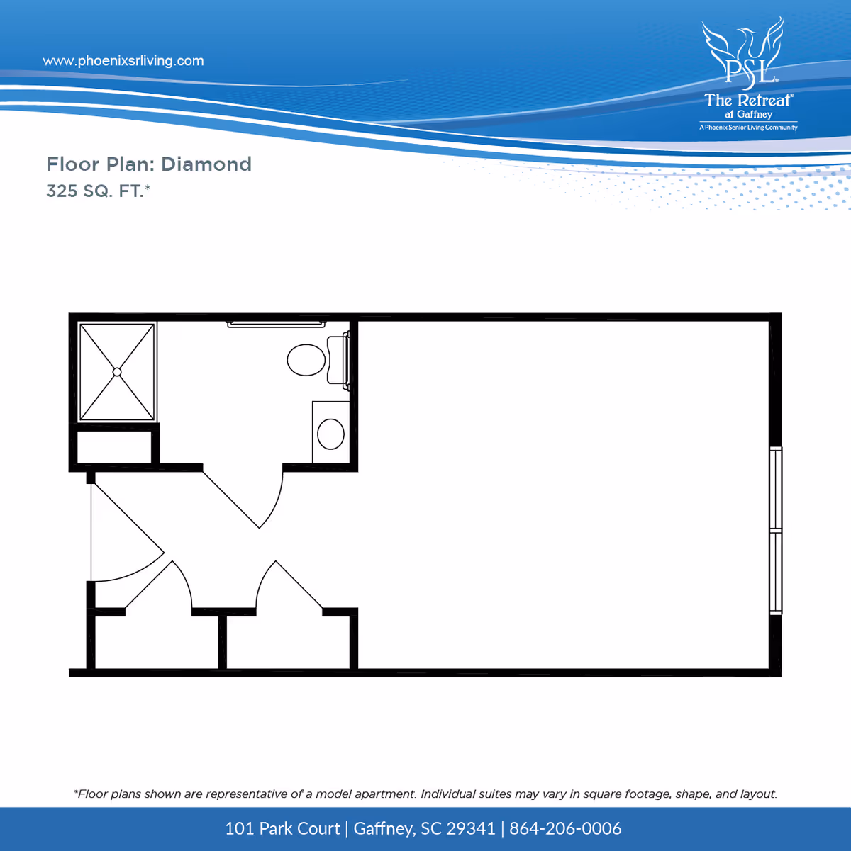 Black-and-white floor plan titled "Floor Plan: Diamond 325 SQ. FT." showing a small studio layout with a bathroom and entry.