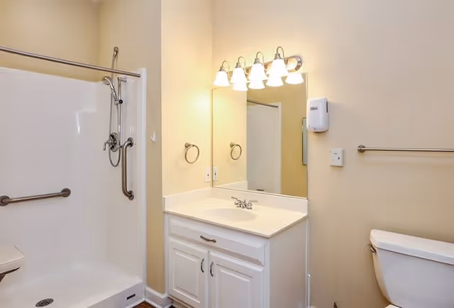 A clean bathroom featuring a white shower with grab bars and a handheld showerhead, a white vanity with a sink and cabinet, a large mirror above the sink, a wall-mounted soap dispenser, a towel ring, a toilet, and a towel bar on a beige wall.