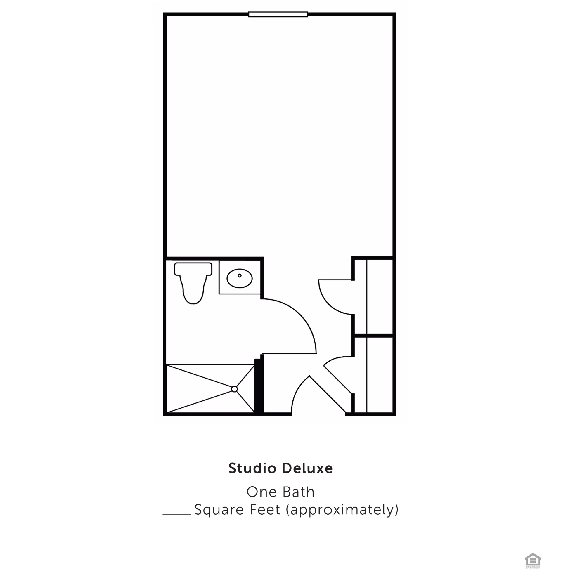 Floor plan layout of a Studio Deluxe apartment with one bathroom, showing the arrangement of the bathroom, closet, and main living area.